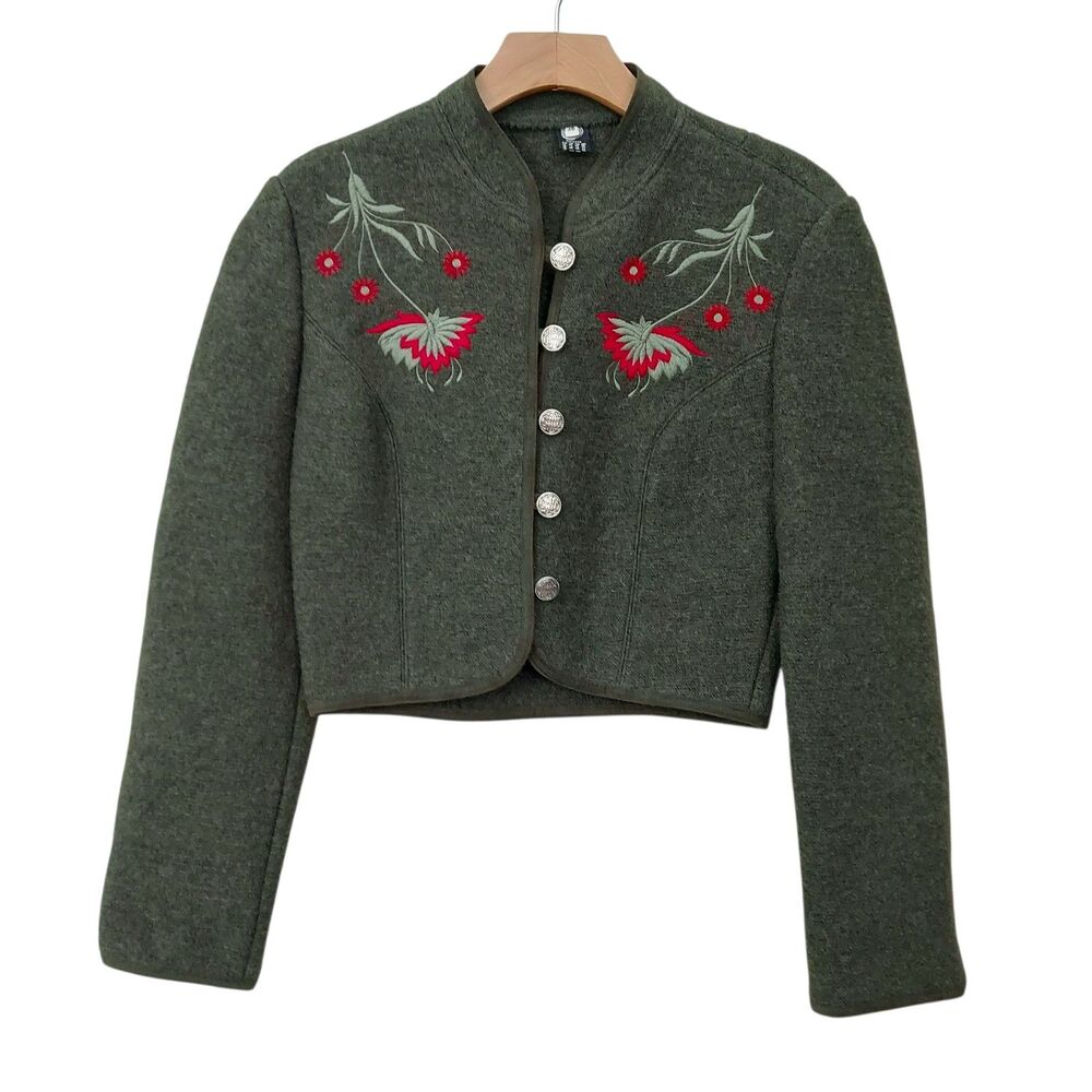 Vintage Pure New Wool Jacket Green Small Button Embroidered Floral Folklore